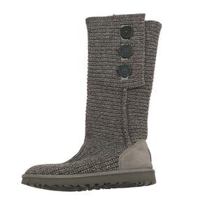 UGG Cardi Ribbed Knit Boots Womens 8 Gray Button Sheepskin Lining Tall Short